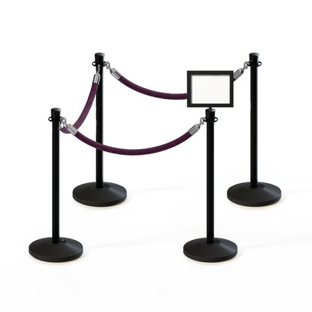 MONTOUR LINE Stanchion Post & Rope Kit Black 4CrownTop 3Purple Rope 8.5x11H Sign C-Kit-3-BK-CN-1-Tapped-1-8511-H-3-PVR-PE-PS